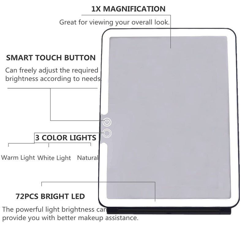 deweisn Folding Lighted Makeup Mirror with 72 LEDs 3 Colors Light Modes USB Rechargable 1800mA Batteries Portable Ultra Thin Compact Vanity Mirror Dimmable Travel Mirror - Image 3